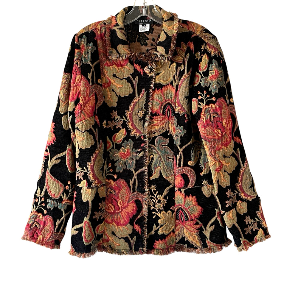 CITRON SANTA MONICA Women's Size Medium Floral Autumnal Tapestry Fringed Jacket